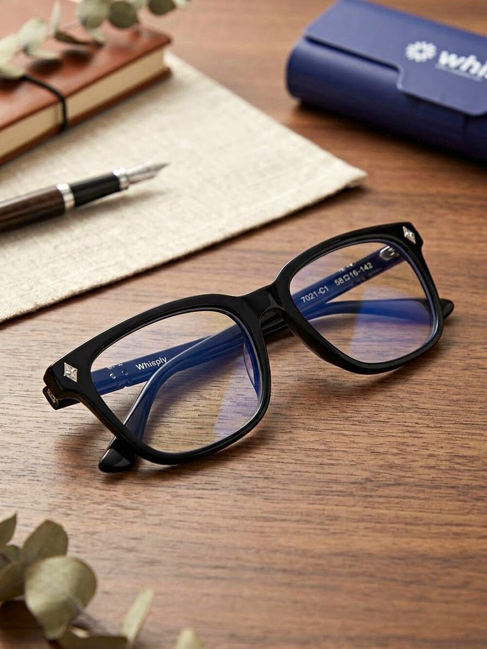 Whisply 7021-C1 Blue Light Filter Rectangle Glasses Black Acetate 58-16-142